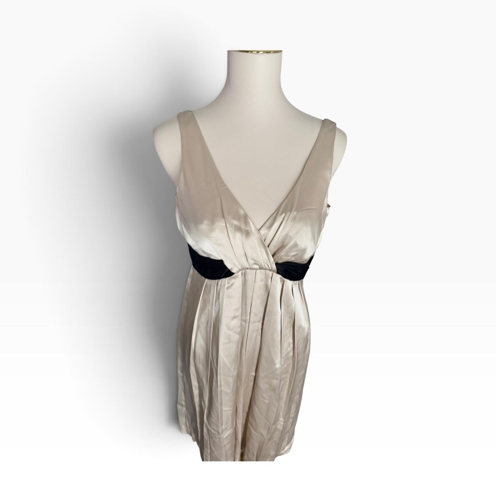 Jones New York Dress 8 Champagne Satin Black Empire Waist Cocktail Pleated - Picture 2 of 12